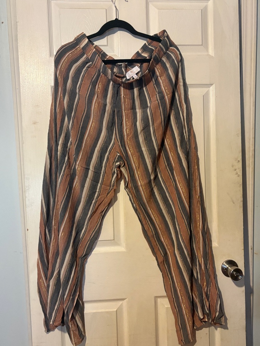 Susan Graver Striped Novelty Tie Beach Pants in Blue, Brown, Gold & Cream